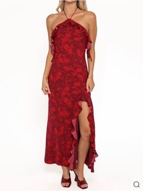 Petal & Pup Red Floral Halter Ruffle Maxi Dress